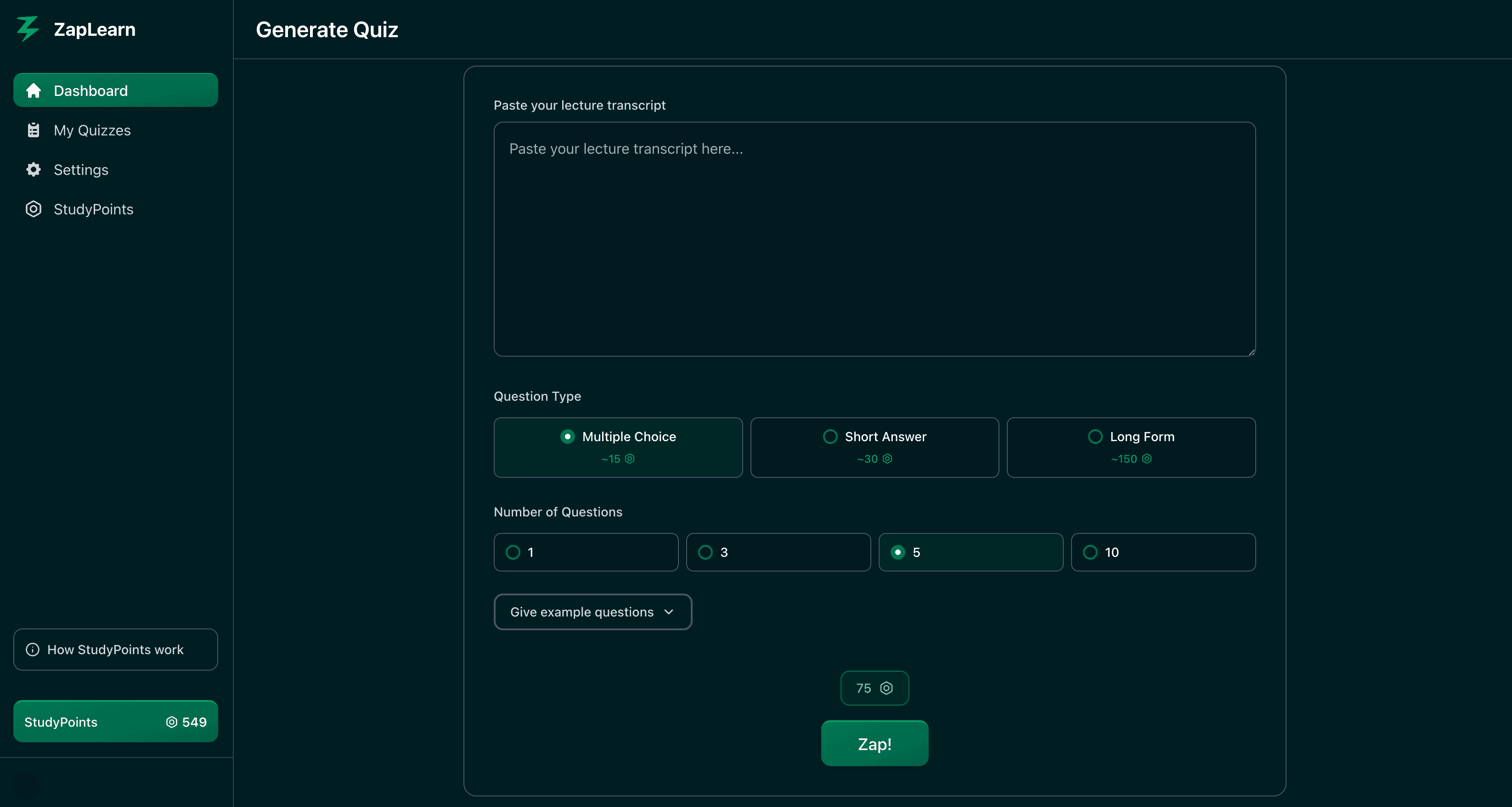 ZapLearn Dashboard - Dark Theme