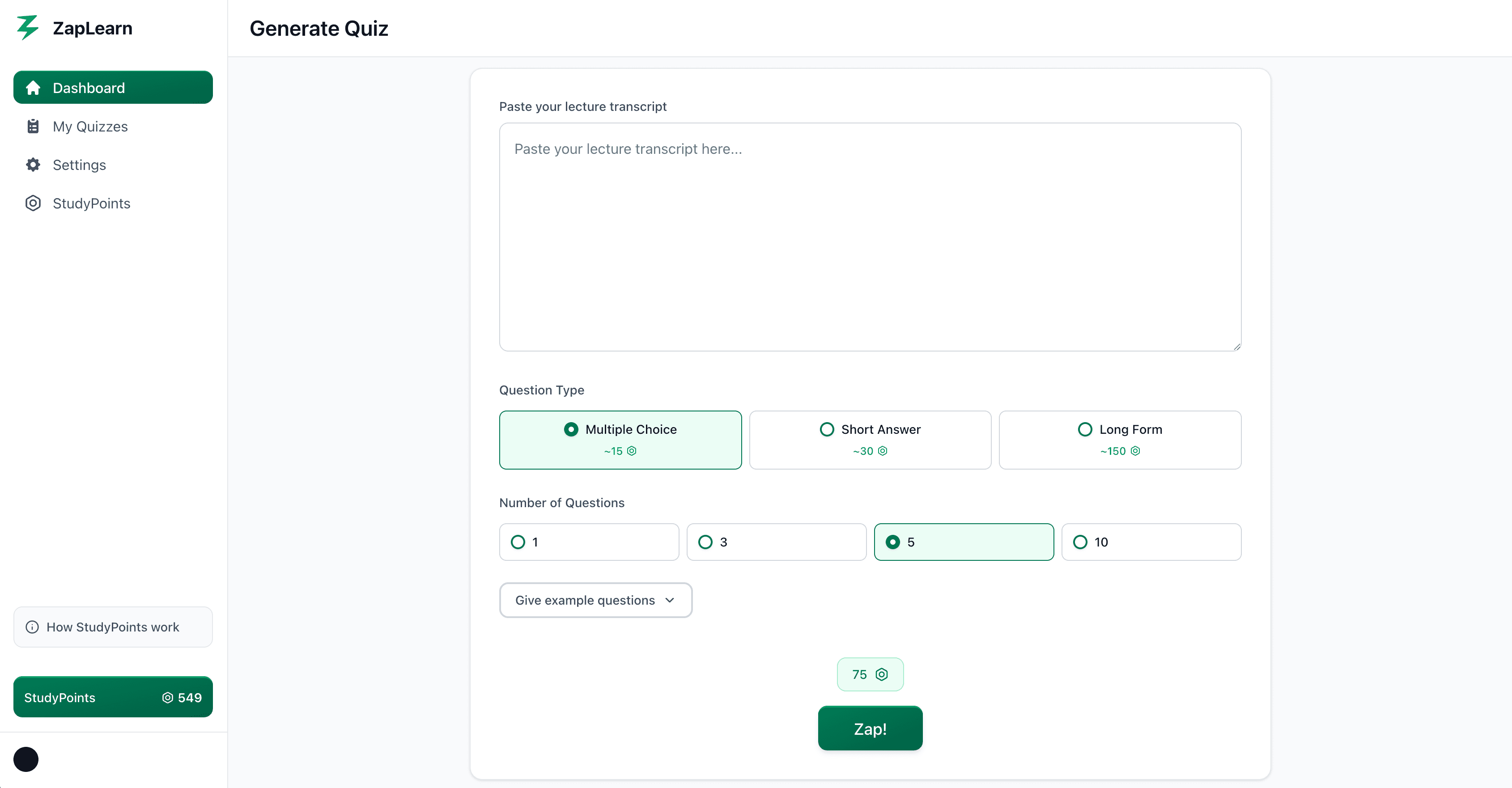 ZapLearn Dashboard - Light Theme